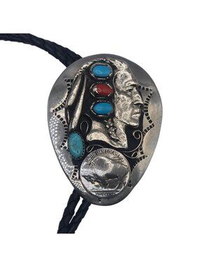 Vintage Native American Buffalo Nickel Design Bolo Tie Turquoise Coral Stones